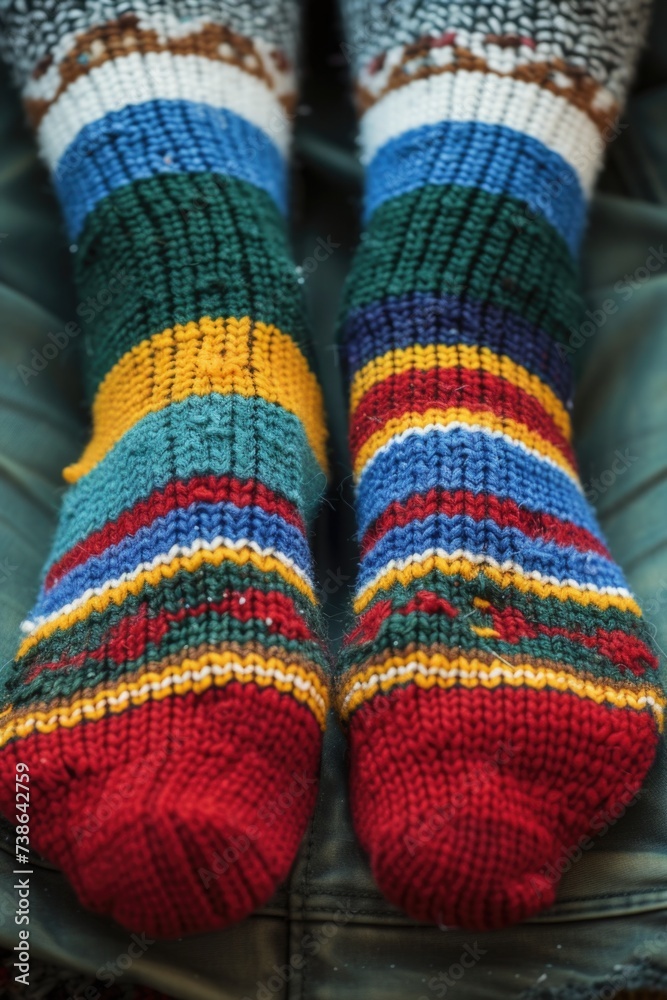 Poster close up view of a person's feet wearing vibrant and colorful socks. this image can be used to showc