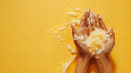 Portrait of female hand scrubbing hand against a yellow backdrop with a big empty space for text or product, Generative AI.