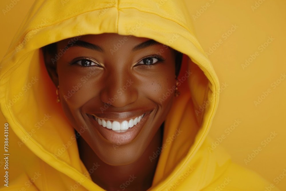 Wall mural A woman wearing a yellow hoodie smiles directly at the camera. This image can be used to convey happiness, positivity, and approachability