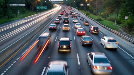 Cars stuck in traffic at night on motorway with many lanes.