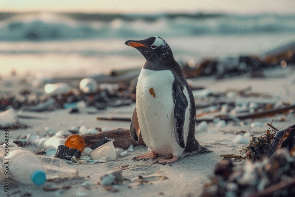 Poster A penguin standing on a beach next to garbage. Suitable for environmental themes and pollution awareness campaigns