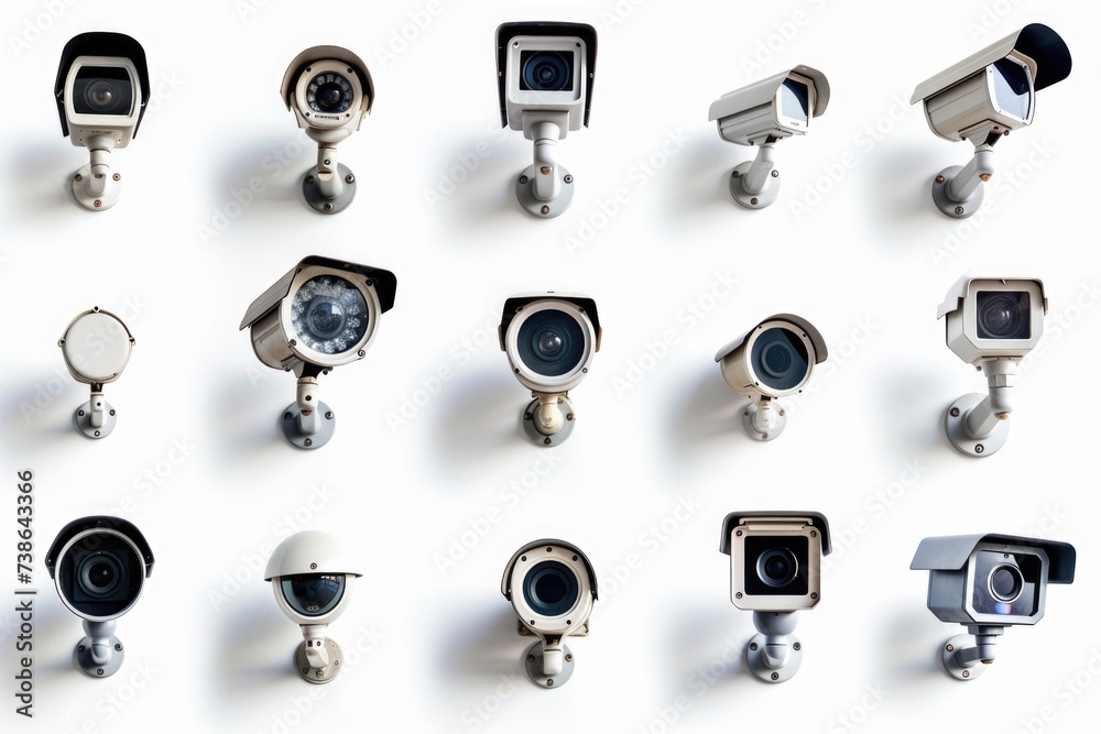 Poster A series of surveillance cameras displayed on a white surface. Suitable for illustrating security systems or monitoring technology