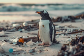 Naklejka premium A penguin standing on a beach next to garbage. Suitable for environmental themes and pollution awareness campaigns