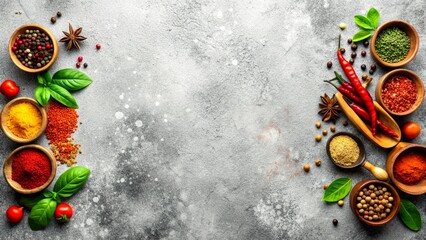 Healthy food, selection of spices on grey concrete background