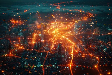 Fototapeta premium 5G network coverage map overlaying busy metropolitan area, highlighting extensive connectivity