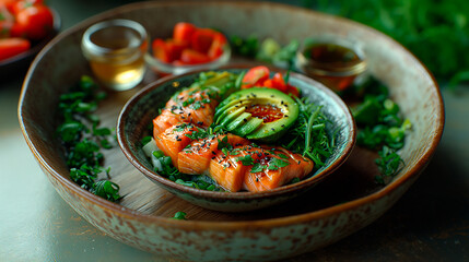 A fresh and healthy vegetarian poke bowl with avocado, salmon and salad.