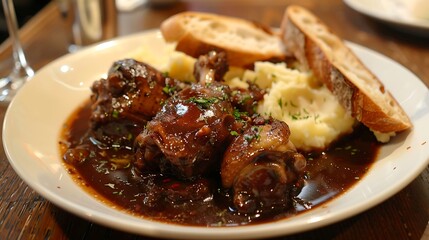 French coq au vin served with mashed potatoes and crusty baguette slices
