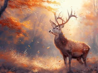 Foto auf Acrylglas Deer with autumn leaves antlers misty woods enchanting grace © AlexCaelus