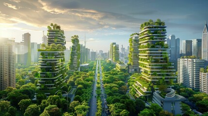 Eco-friendly smart city powered by 5G technology, with green buildings and renewable energy sources - obrazy, fototapety, plakaty
