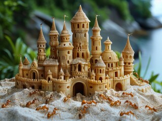 Amber ants building intricate castles in the sand a miniature kingdom - obrazy, fototapety, plakaty