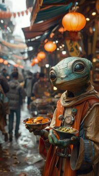 Naklejki Alien street food vendor exotic dishes bustling spaceport crowd