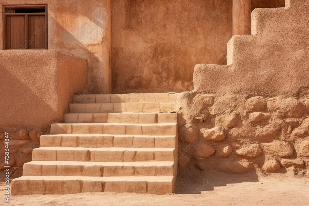 Poster A picture of a stone building with steps leading up to a door. This versatile image can be used to depict architecture, entrances, and historical buildings