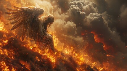 Angel weeping over a village lost to lava their tears turning to steam on the molten rock - obrazy, fototapety, plakaty
