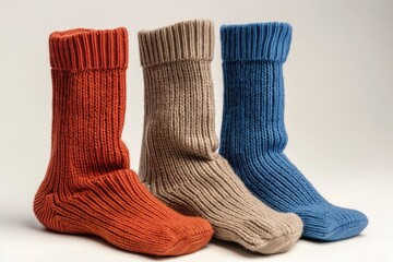 Three pairs of socks sitting next to each other. Can be used to represent organization, laundry, or fashion