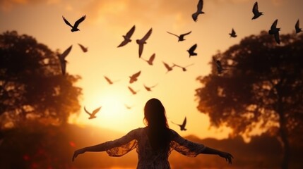 A woman standing in the middle of a field with birds flying around her. This image can be used to depict freedom, nature, and tranquility