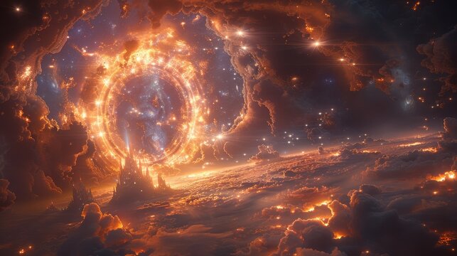 Angels hosting interstellar peace talks a floating roundtable in the void of space