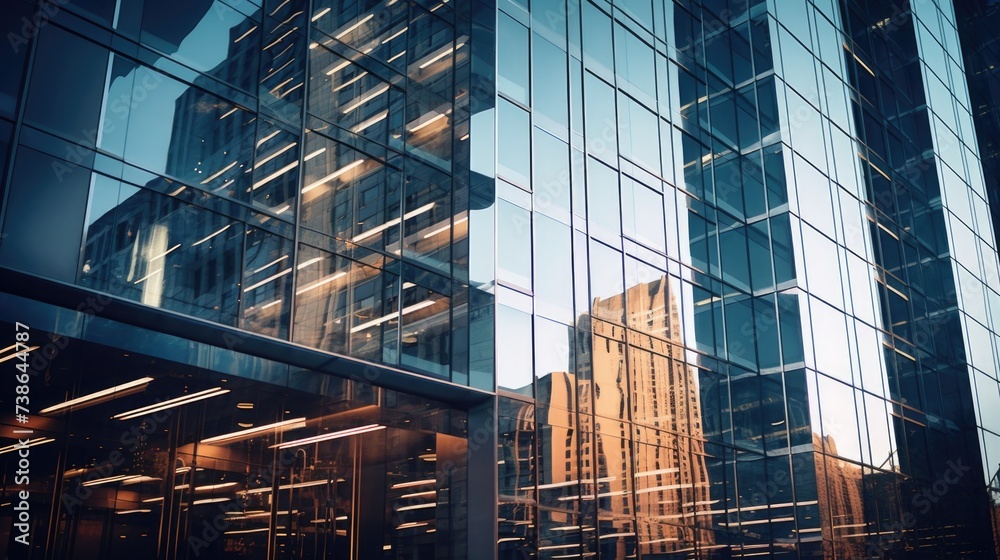 Poster A large glass building with a clock on its side. Can be used to depict modern architecture or time management