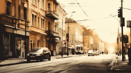 A painting depicting a city street with cars driving down it. Perfect for urban scenes and transportation themes