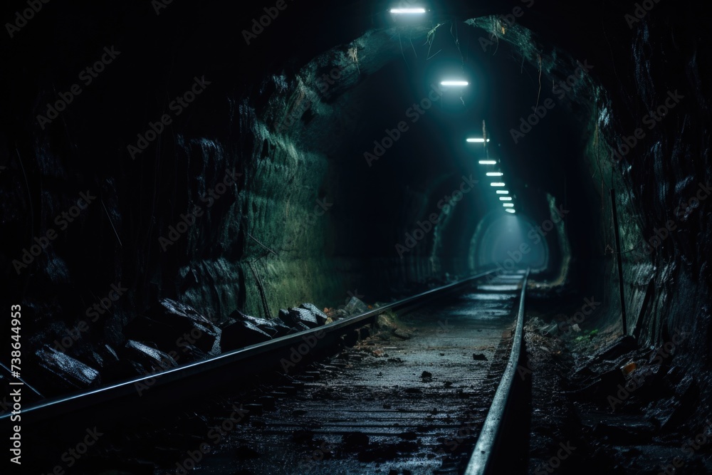 Poster a train is captured as it passes through a dark tunnel. this image can be used to depict motion, tra