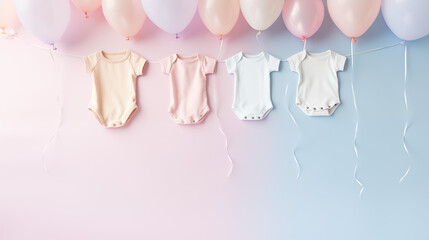 Urodzinowe minimalistyczne jasne tło na życzenia lub metryczkę z balonami i dekoracjami - narodziny dziecka - dziewczynki lub chłopca. - obrazy, fototapety, plakaty