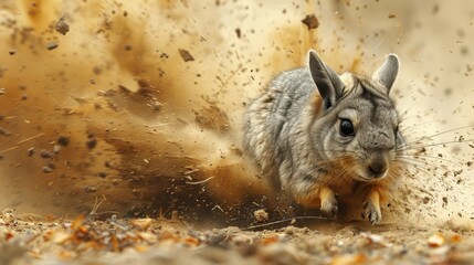 Naklejka premium Chinchilla rolling in volcanic ash leaving a trail of soot in its wake
