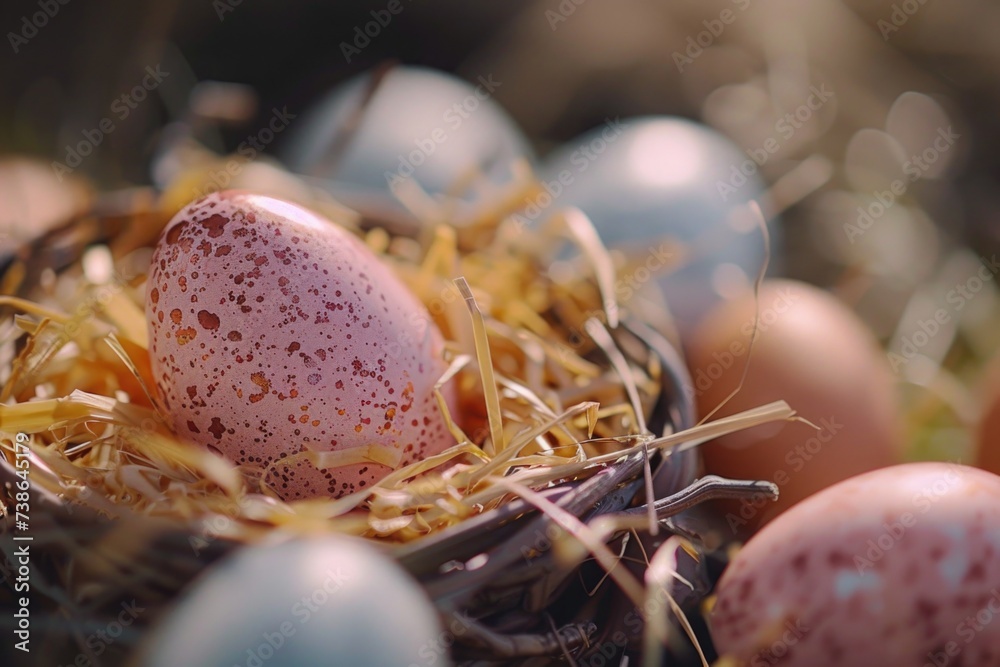 Poster a basket filled with eggs sitting on top of a pile of hay. suitable for various agricultural and eas