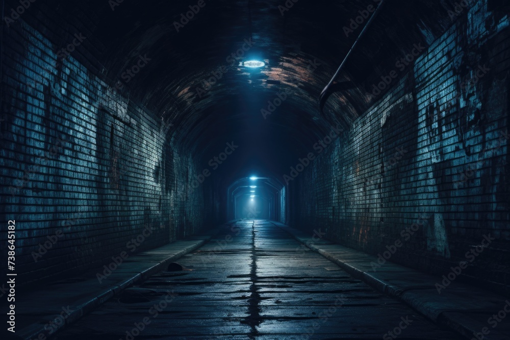 Poster A picture of a dark tunnel with a light shining at the end. Suitable for illustrating the concept of hope, overcoming challenges, or finding a way out of difficult situations