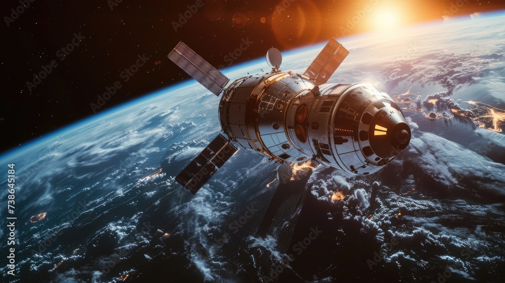 Poster a picture of a space station located in the middle of the earth. can be used to depict futuristic te