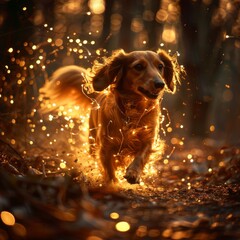 Dachshund leaving a trail of twinkling lights trotting into the divine glow with excitement