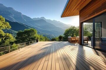 A contemporary, roomy wooden deck with a stunning mountain view and great location. Generative AI 