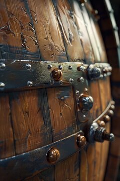 Close-up view of a wooden barrel with visible rivets. Suitable for rustic or vintage themes and can be used to represent craftsmanship or traditional methods