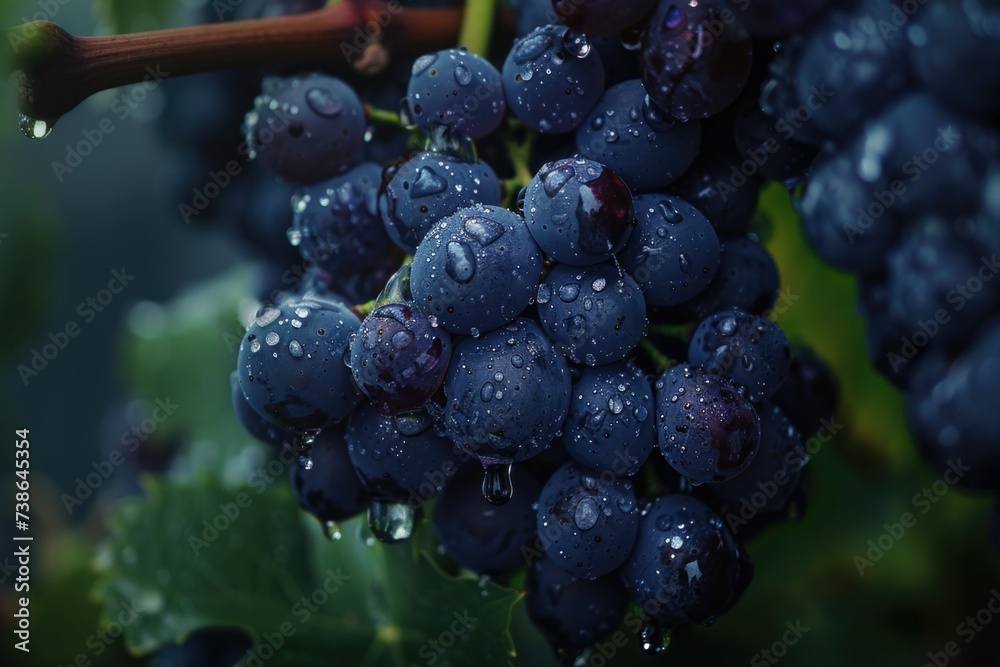 Poster a close-up view of a bunch of grapes on a vine. this image can be used to showcase the beauty of nat