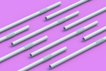 Rows of drinking straws. Flexible tube for beverage. Disposable pipe for cocktail. 3d render