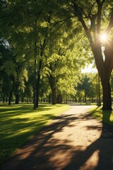 Sunlight filtering through the trees in a park. Ideal for nature and outdoor themes