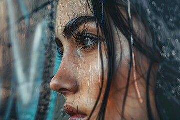 Close-up shot of a woman's face getting wet in the rain. Ideal for illustrating emotions, weather conditions, or the concept of solitude in difficult times