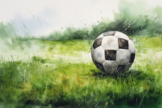 A painting of a soccer ball in a field. Suitable for sports-themed designs and illustrations