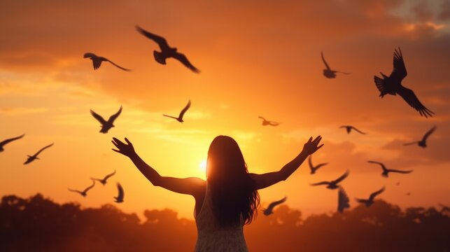 A woman stands in front of a flock of birds. This image can be used to depict harmony between humans and nature