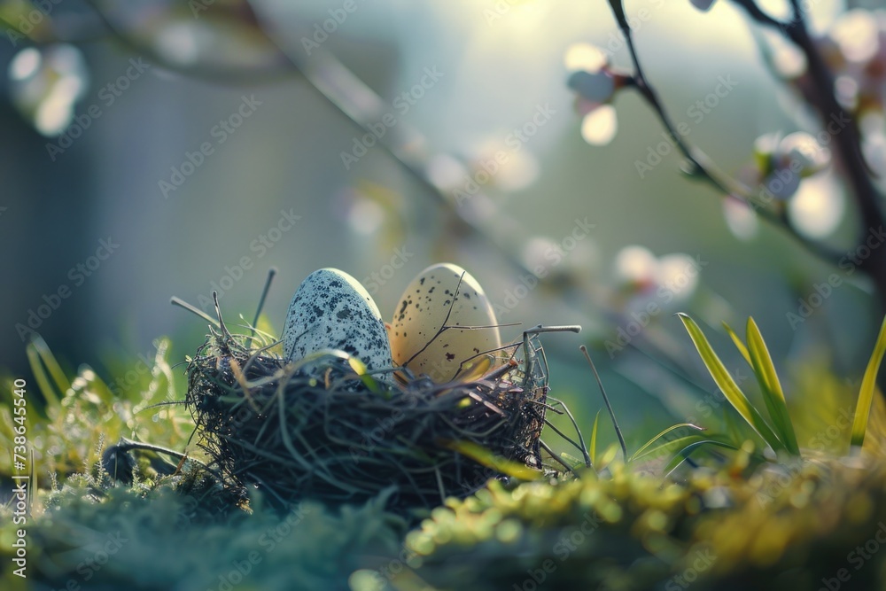 Poster three eggs resting in a nest on the grass. suitable for nature-themed designs or illustrating new be