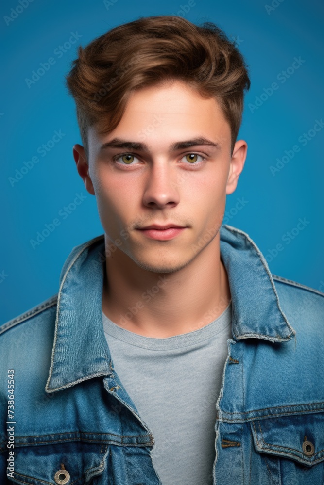 Poster a young man wearing a denim jacket poses for a picture. versatile image suitable for various uses