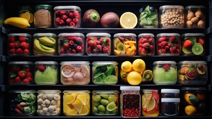 A refrigerator filled with a variety of fresh fruits and vegetables. Perfect for healthy eating and...