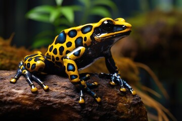 Fototapeta premium A vibrant yellow and black frog perched on a rock. Perfect for nature-themed projects and educational materials