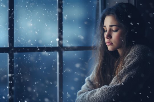 A woman stands by a window, gazing out at the snowy landscape. This image can be used to depict winter, coziness, or contemplation