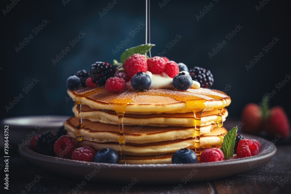 Poster a delicious stack of pancakes topped with fresh berries and drizzled with syrup. perfect for breakfa