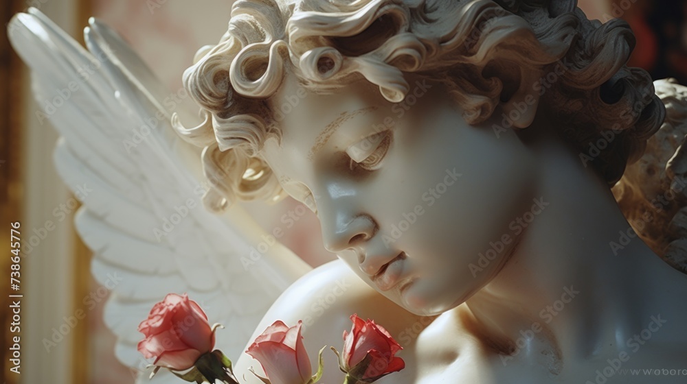 Poster a detailed close-up of a statue of an angel holding flowers. perfect for adding a touch of elegance 