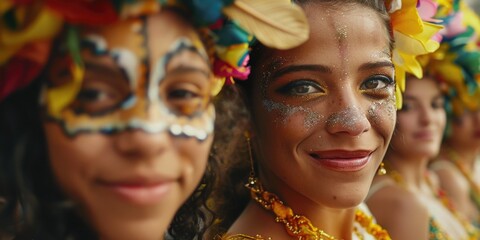 Obraz premium Women wearing face paint and adorned with flower headpieces. Perfect for festivals, celebrations, and cultural events