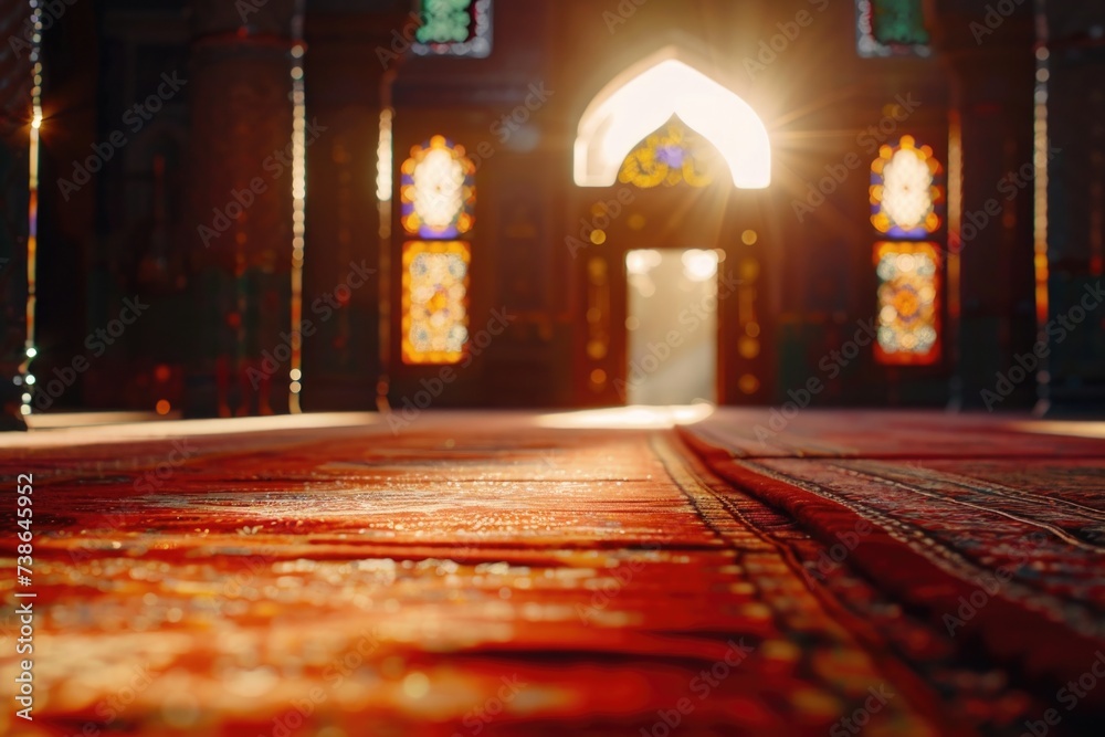 Poster a room with a red carpet and beautiful stained glass windows. this image can be used to depict elega
