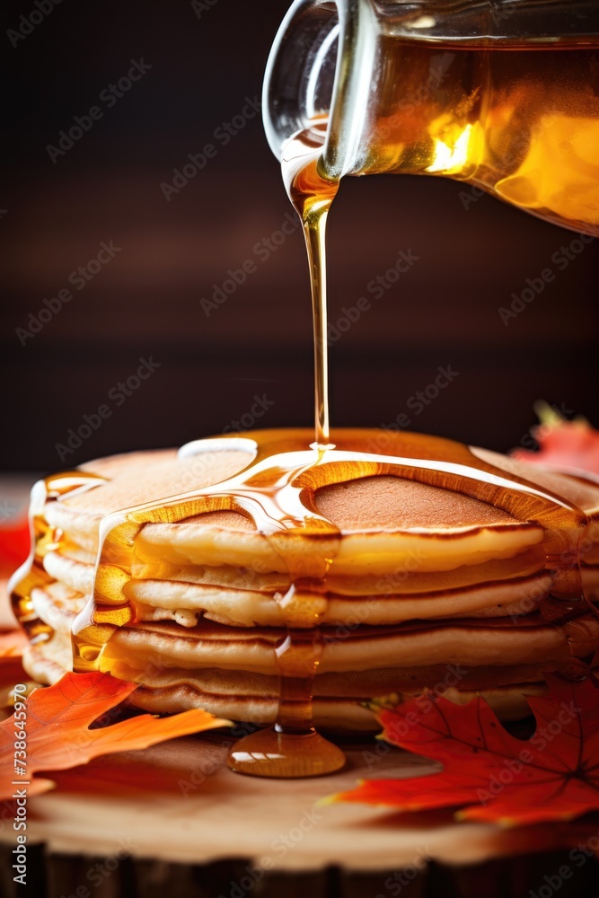 Poster stack of pancakes being drizzled with syrup. perfect for breakfast or brunch menus