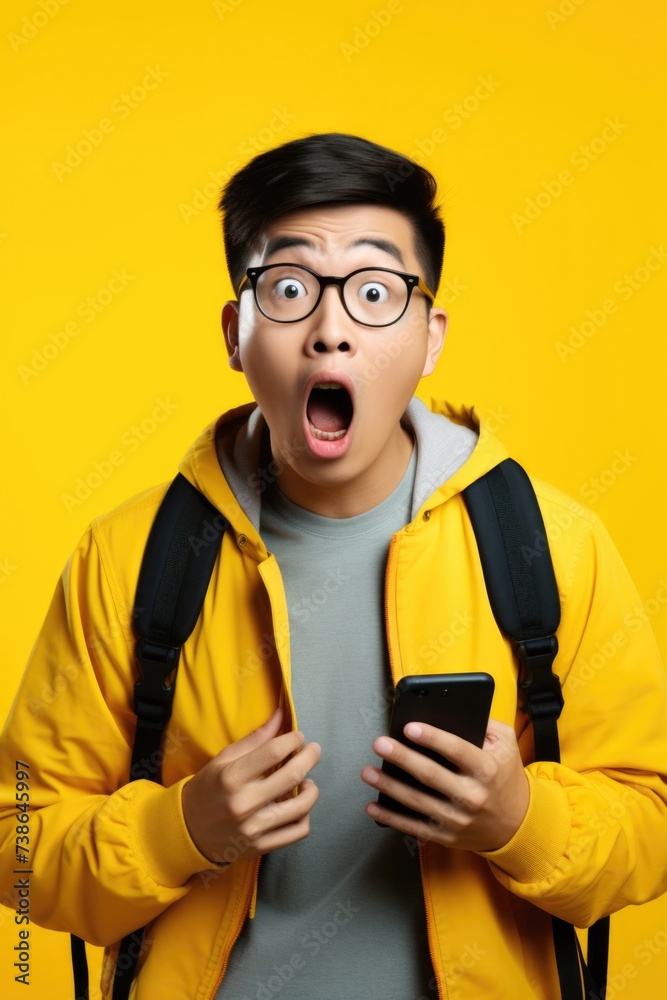 Poster a man wearing a yellow jacket holding a cell phone. suitable for technology and communication-relate