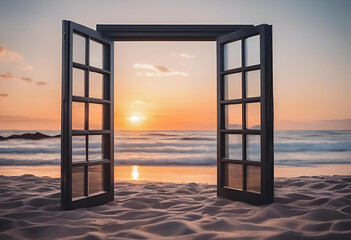 Porte ouverte sur une plage. Concept ouverture, liberté