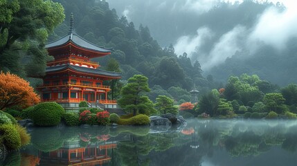 Obraz premium Traditional Asian Pagoda in a Zen Garden: A peaceful scene featuring a traditional Asian pagoda surrounded by a serene Zen garden, conveying tranquility.